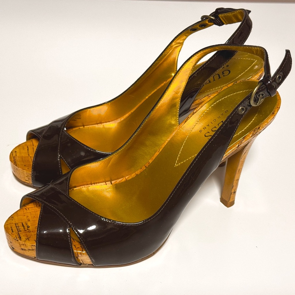 Guess Dark Brown Patent Leather Sling Back Peep Toe Stiletto Cork Heels